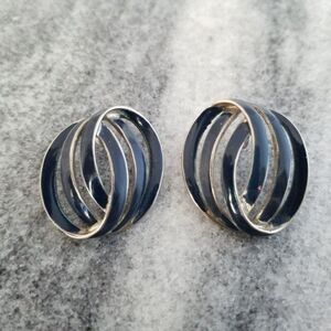 Vintage OPER Signed Retro Blue Enamel Post Earrings, 80s Design, Silver Tone